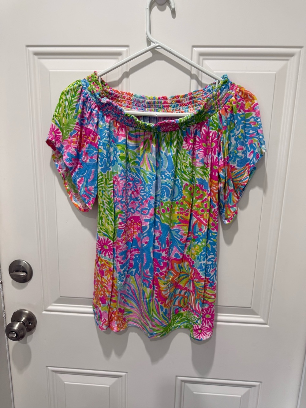 Lilly Pulitzer Bright Floral Off-Shoulder Top in Pink Blue Green Orange